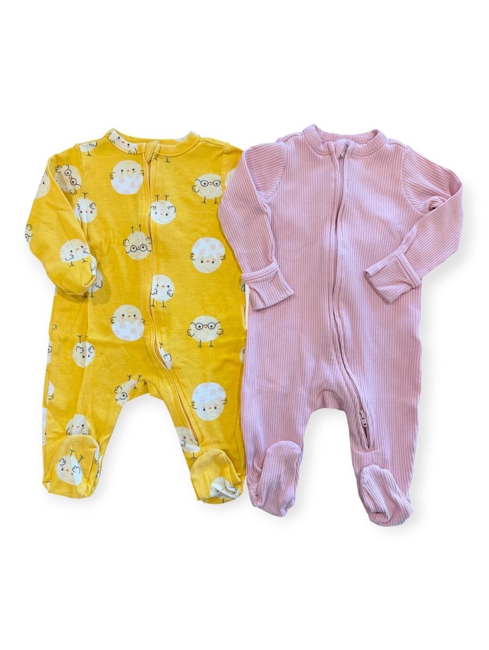 Old Navy Girl 3-6 Months Footed Sleepers Set, Yellow Chick Print and Pink Ribbed